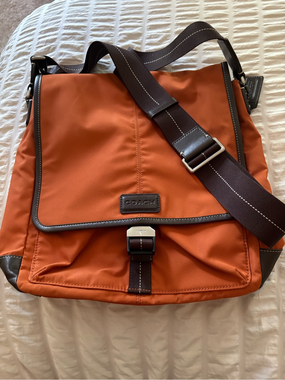 Coach Men's Orange Nylon Messenger Bag with Dark Brown Trim